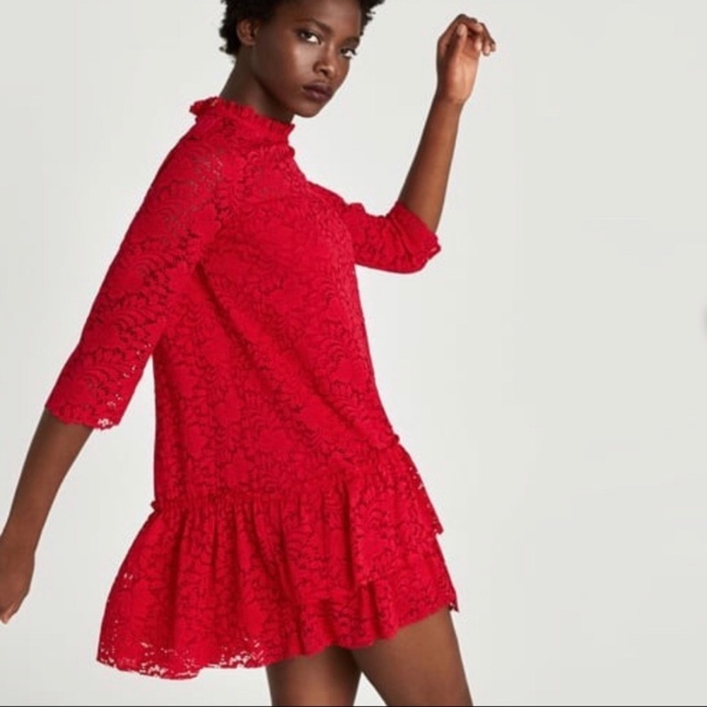 Zara Mini Dress Red Lace with Frill sz Small